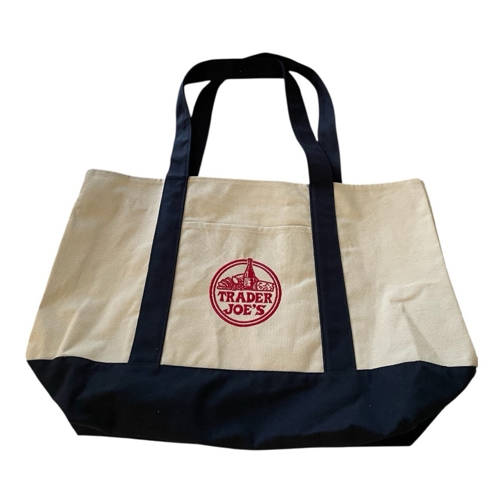 Trader Joe’s Large Reusable Viral Tote Bag Canvas Navy, Embroidered, NWT